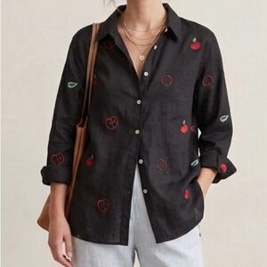 Casey Coleman 100% Linen Button Down Shirt Black Apples Embroidered Tunic Size L
